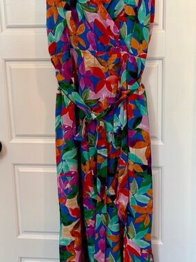 She + Sky Blue Multicolor Leaf-Print Wrap Dress